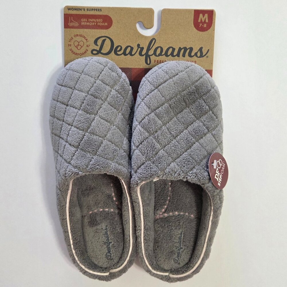 Dearfoams Women’s Soft Plush Memory Foam Gray Slippers, Size M (7–8)
